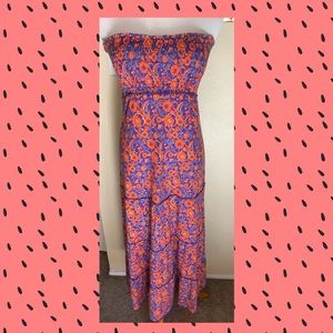 Strapless Orange Purple Floral Dress